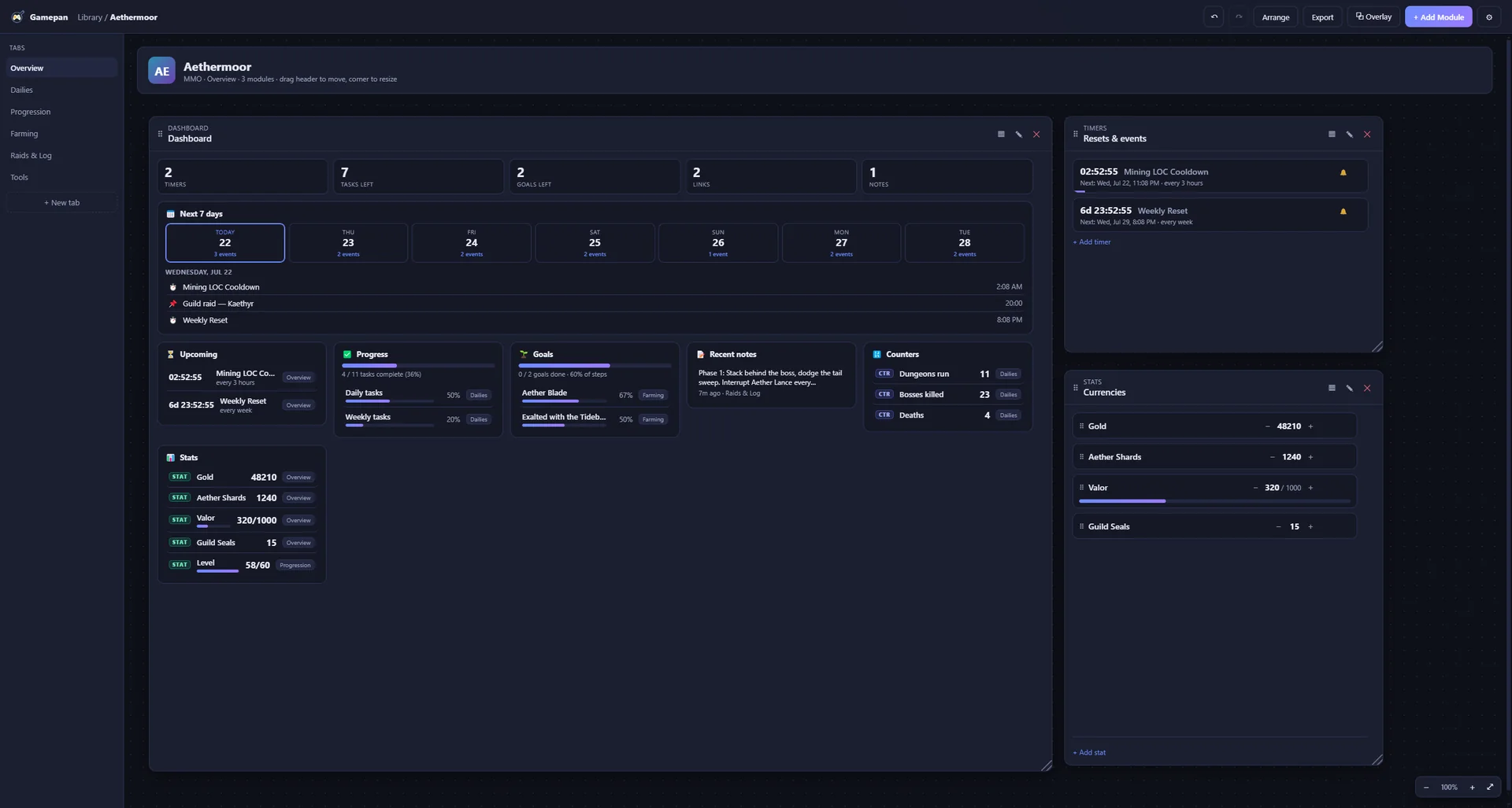 Gamepan game companion app dashboard workspace filled with modules